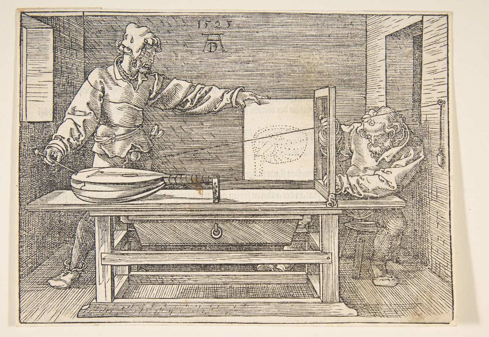 Dürer's woodcut of a draughtsman drawing a lute through a thread system