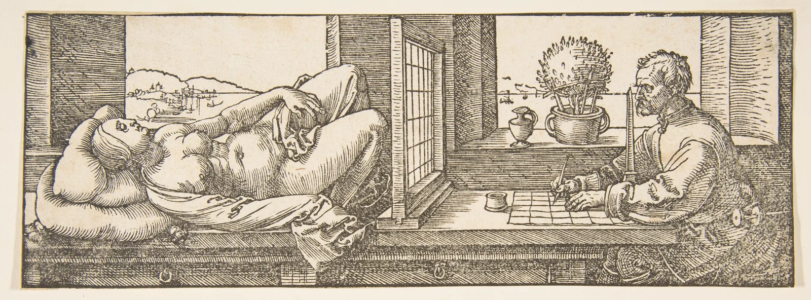 Dürer's woodcut of an artist studying a reclining figure through a gridded frame