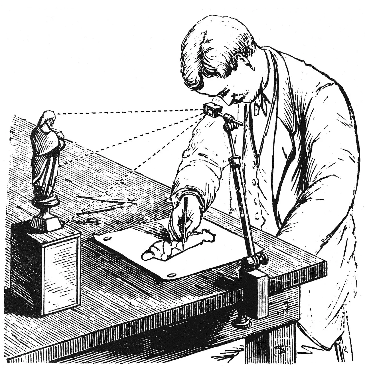 Illustration of a camera lucida being used to draw a small figurine, 1879
