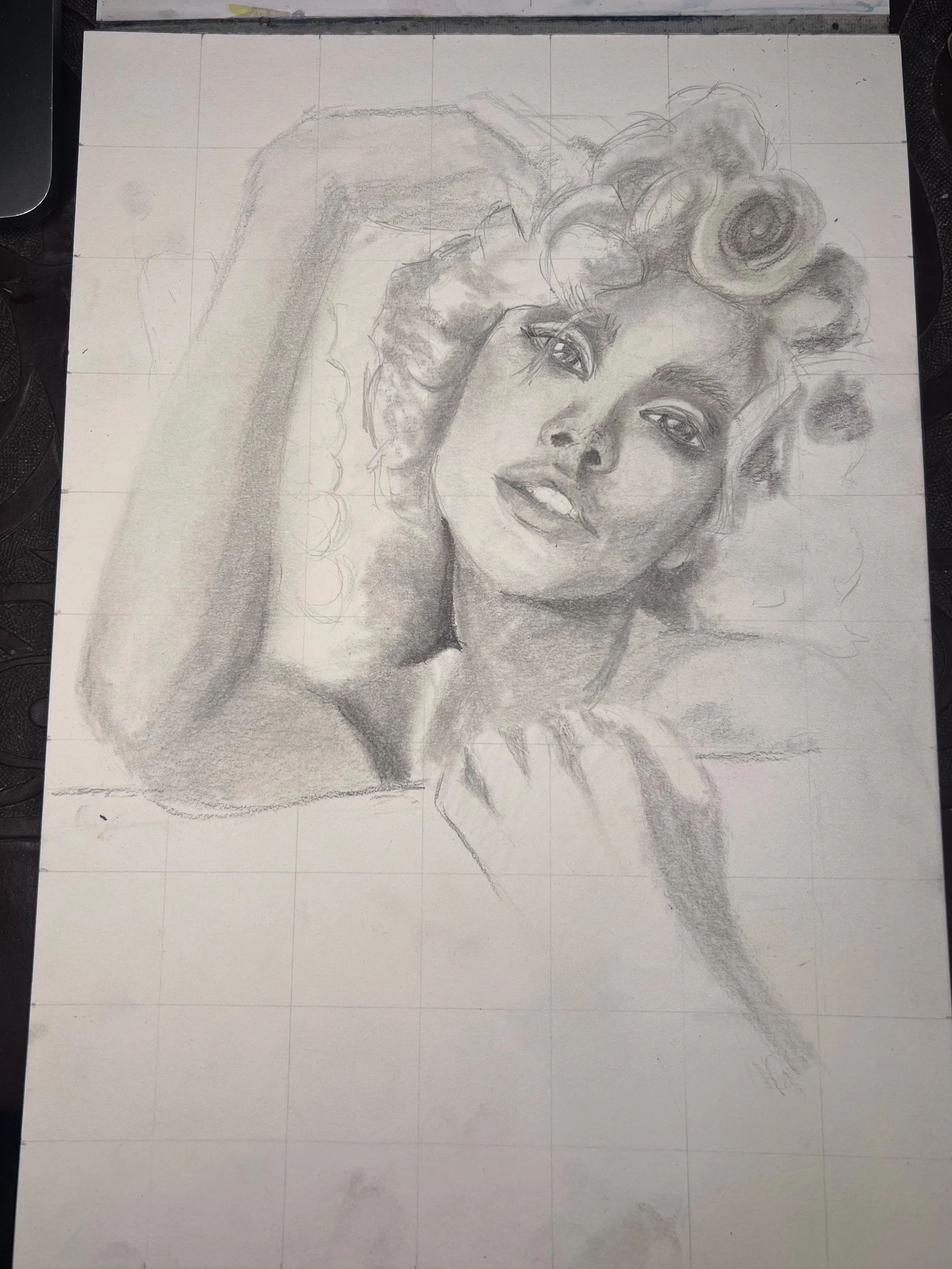 Close-up of facial features being refined in the portrait
