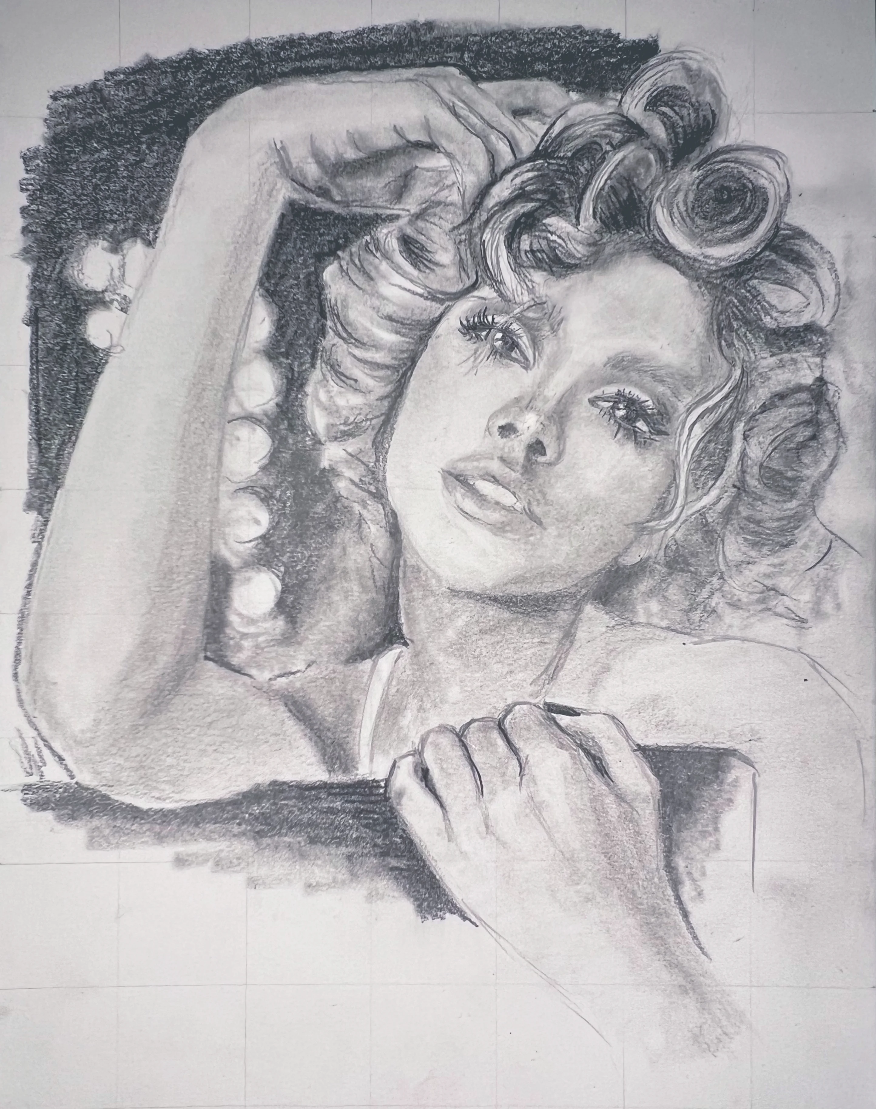 Finished portrait drawing created using the grid method