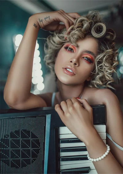 The reference photograph used for this tutorial: a portrait of a woman resting one arm on a synthesizer in a dressing room